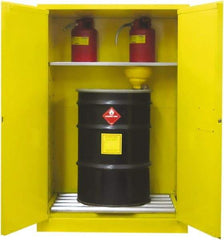 Securall Cabinets - 43" Wide x 31" Deep x 65" High, 18 Gauge Steel Vertical Drum Cabinet with 3 Point Key Lock - Yellow, Manual Closing Door, 1 Shelf, 2 Drums, Drum Rollers Included - Apex Tool & Supply