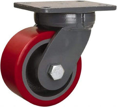 Hamilton - 6" Diam x 3" Wide x 8" OAH Top Plate Mount Swivel Caster - Polyurethane Mold onto Cast Iron Center, 2,600 Lb Capacity, Tapered Roller Bearing, 5-1/4 x 7-1/4" Plate - Apex Tool & Supply