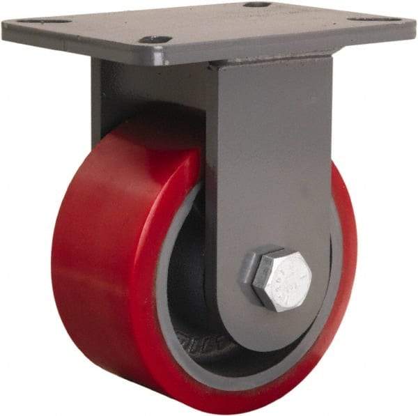 Hamilton - 6" Diam x 3" Wide x 8" OAH Top Plate Mount Rigid Caster - Polyurethane Mold onto Cast Iron Center, 2,600 Lb Capacity, Tapered Roller Bearing, 5-1/4 x 7-1/4" Plate - Apex Tool & Supply