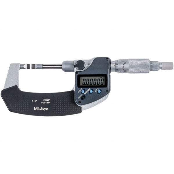 Mitutoyo - 0 to 1" Range, 0.00005" Resolution, Blade Throat IP54 Electronic Outside Micrometer - 0.00015" Accuracy, Ratchet Stop Thimble, Carbide-Tipped Face, SR44 Battery - Apex Tool & Supply