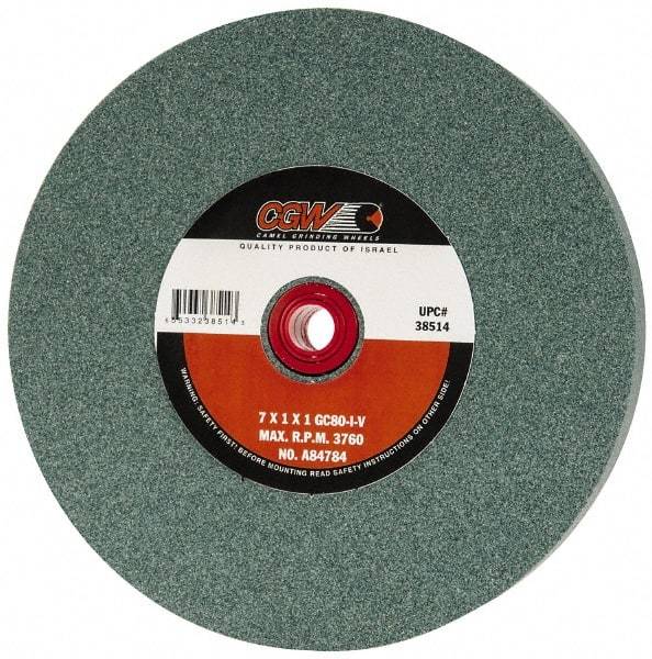 Camel Grinding Wheels - 80 Grit Silicon Carbide Bench & Pedestal Grinding Wheel - 7" Diam x 1" Hole x 1" Thick, 3760 Max RPM, I Hardness, Medium Grade , Vitrified Bond - Apex Tool & Supply