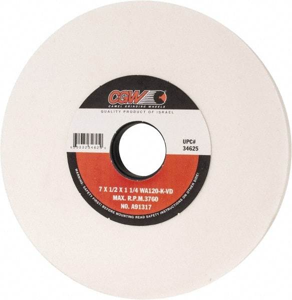 Camel Grinding Wheels - 7" Diam x 1-1/4" Hole x 1/2" Thick, K Hardness, 120 Grit Surface Grinding Wheel - Aluminum Oxide, Type 1, Fine Grade, 3,760 Max RPM, Vitrified Bond, No Recess - Apex Tool & Supply