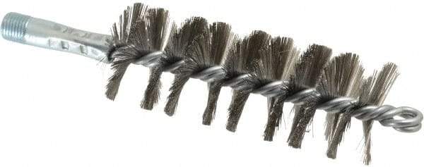 Schaefer Brush - 4-1/2" Brush Length, 1-3/4" Diam, Double Stem, Single Spiral Tube Brush - 7-1/4" Long, Stainless Steel, 1/4" NPSM Male Connection - Apex Tool & Supply