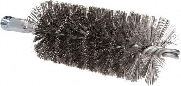 Schaefer Brush - 4-1/2" Brush Length, 2" Diam, Double Stem, Single Spiral Tube Brush - 7-1/4" Long, Stainless Steel, 1/4" NPSM Male Connection - Apex Tool & Supply