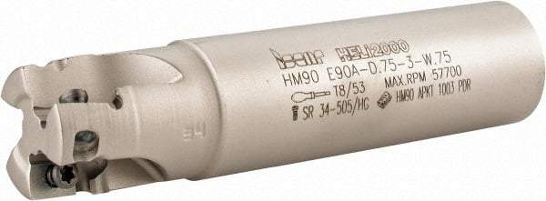 Iscar - 3/4" Cut Diam, 0.394" Max Depth of Cut, 3/4" Shank Diam, 3.38" OAL, Indexable Square Shoulder End Mill - AP..1003.., HM90 AP..1003.. Inserts, Weldon Shank, 90° Lead Angle, Series Heli2000 - Apex Tool & Supply