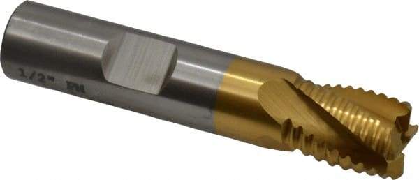 Cleveland - 1/2" Diam, Coarse Pitch, 1/2" LOC, 4 Flute Powdered Metal Roughing Square End Mill - TiN Finish, 2-1/2" OAL, 1/2" Shank Diam, Single End, 30° Helix - Apex Tool & Supply