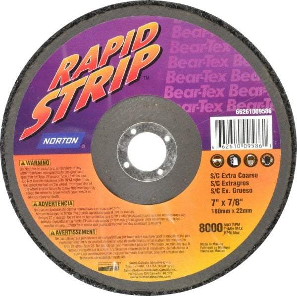 Norton - 7" Wheel Diam, 1/2" Wheel Thickness, 7/8" Arbor Hole, Type 27 Depressed Center Wheel - Silicon Carbide, 8,000 Max RPM, Compatible with Angle Grinder, Drill, Flexible Shaft Motor & Straight Shaft Grinder - Apex Tool & Supply