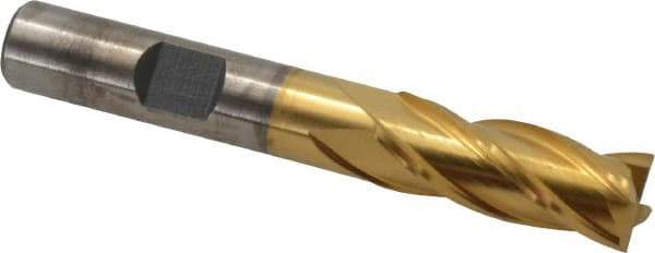 Cleveland - 13/32", 1" LOC, 3/8" Shank Diam, 2-11/16" OAL, 4 Flute, Cobalt Square End Mill - Single End, TiN Finish, Spiral Flute, 30° Helix, Centercutting, Right Hand Cut, Right Hand Flute, Series HGC-4C - Apex Tool & Supply
