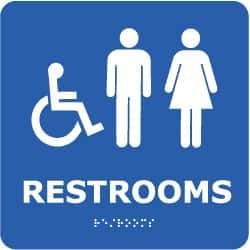NMC - Restrooms, 8" Wide x 8" High, Plastic Sign - English, Braille, White on Blue, Wall Mount - Apex Tool & Supply