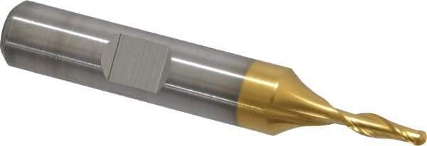 Cleveland - 1/8" Diam, 3/8" LOC, 2 Flute Cobalt Ball End Mill - TiN Finish, Single End, 2-5/16" OAL, 3/8" Shank Diam, Spiral Flute - Apex Tool & Supply