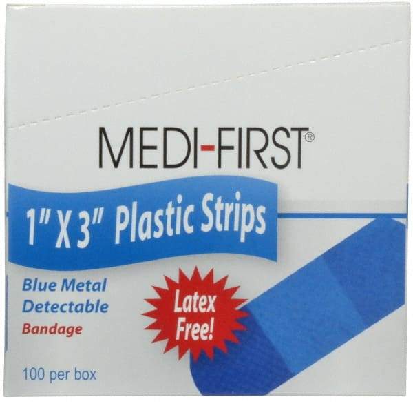Medique - 3" Long x 1" Wide, General Purpose Self-Adhesive Bandage - Blue, Plastic Bandage, Metal Detectable - Apex Tool & Supply