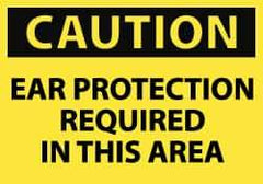 NMC - Accident Prevention Label, Header: CAUTION - Legend: Caution - Ear Protection Required in This Area, English, Black & Yellow, 5" Long x 3" High, Sign Muscle Finish - Apex Tool & Supply