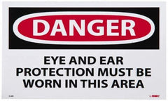 NMC - Accident Prevention Label, Header: DANGER - Legend: Danger - Eye and Ear Protection Must Be Worn in This Area, English, Red, Black & White, 5" Long x 3" High, Sign Muscle Finish - Apex Tool & Supply