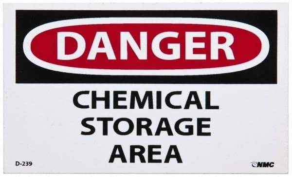 NMC - Hazardous Materials Label, Header: DANGER - Legend: Danger - Chemical Storage Area, English, Red, Black & White, 5" Long x 3" High, Sign Muscle Finish - Apex Tool & Supply