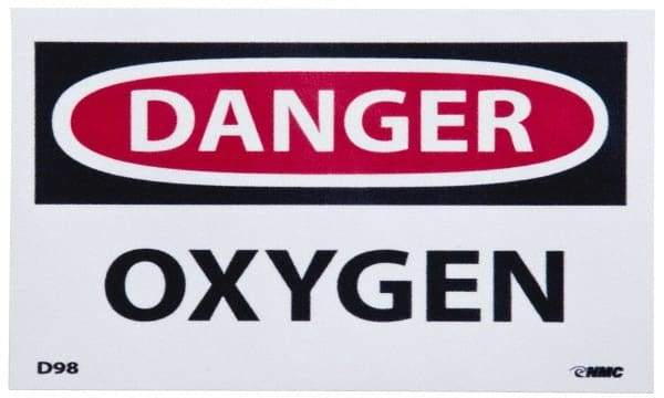 NMC - Hazardous Materials Label, Header: DANGER - Legend: Danger - Oxygen, English, Red, Black & White, 5" Long x 3" High, Sign Muscle Finish - Apex Tool & Supply