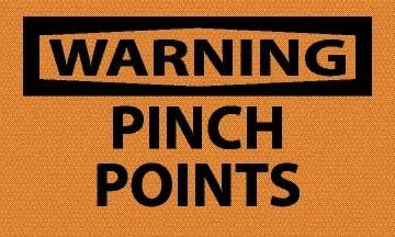 NMC - Accident Prevention Label, Header: WARNING - Legend: Warning - Pinch Points, English, Black & Orange, 5" Long x 3" High, Sign Muscle Finish - Apex Tool & Supply