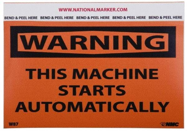NMC - Accident Prevention Label, Header: WARNING - Legend: Warning - This Machine Starts Automatically, English, Black & Orange, 5" Long x 3" High, Sign Muscle Finish - Apex Tool & Supply