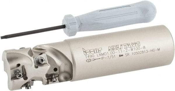 Iscar - 1" Cut Diam, 1.2" Max Depth of Cut, 1" Shank Diam, 4" OAL, Indexable Square Shoulder End Mill - T490 LN.T 08.. Inserts, Weldon Shank, 90° Lead Angle, Through Coolant, Series Helitang - Apex Tool & Supply