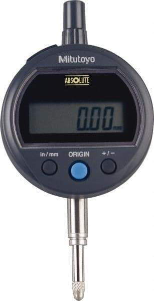 Mitutoyo - 0 to 12.7mm Range, 0.0005" Graduation, Electronic Drop Indicator - Flat Back, Accurate to 0.001", English & Metric System, LCD Display - Apex Tool & Supply
