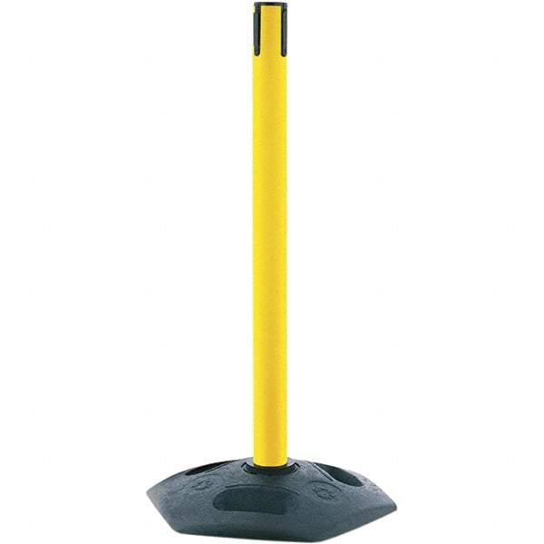 Tensator - 38" High, 2-1/2" Pole Diam, Tensabarrier Post - 19" Base Diam, Octagon Rubber Base, Yellow Plastic Post, Tape, Single Line Tape, For Outdoor Use - Apex Tool & Supply