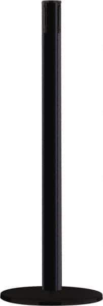 Tensator - 38" High, 2-1/2" Pole Diam, Tensabarrier Post - 14" Base Diam, Round Heavy Gauge Steel Base, Black Steel Post, Tape, Single Line Tape - Apex Tool & Supply