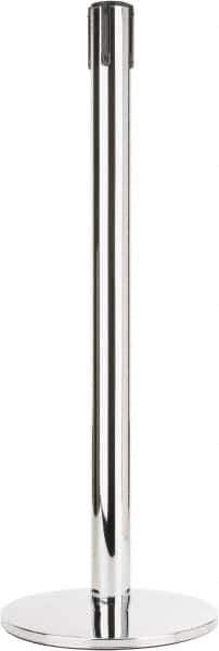 Tensator - 38" High, 2-1/2" Pole Diam, Tensabarrier Post - 14" Base Diam, Round Heavy Gauge Steel Base, Polished Chrome (Color) Steel Post, Tape, Single Line Tape - Apex Tool & Supply