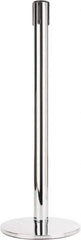 Tensator - 38" High, 2-1/2" Pole Diam, Tensabarrier Post - 14" Base Diam, Round Heavy Gauge Steel Base, Polished Chrome (Color) Steel Post, Tape, Single Line Tape - Apex Tool & Supply