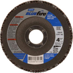 Norton - 80 Grit, 4-1/2" Disc Diam, 7/8" Center Hole, Type 29 Zirconia Alumina Flap Disc - 13,300 Max RPM, Cloth Backing, Arbor Attaching System, Coated - Apex Tool & Supply