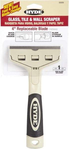 Hyde Tools - Stiff Carbon Steel 1-Edge Scraper - 4" Blade Width x 4" Blade Length, Plastic Handle - Apex Tool & Supply