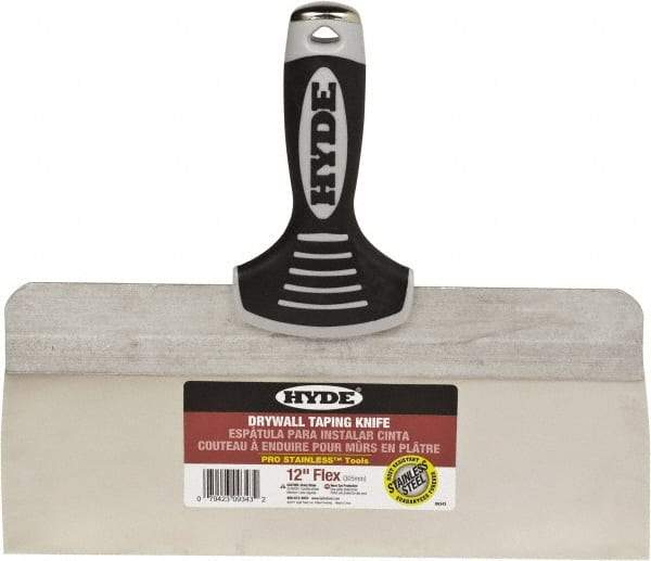 Hyde Tools - 12" Wide Spring Blade Stainless Steel Taping Knife - Flexible, Soft Grip Plastic Overmold Handle, 10-1/2" OAL - Apex Tool & Supply