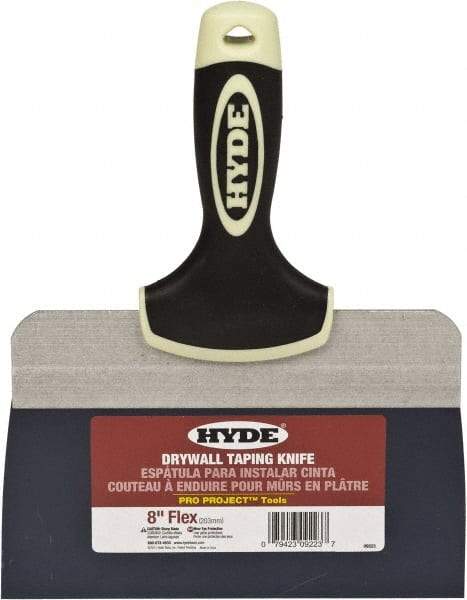 Hyde Tools - 8" Wide Spring Blade Tempered Steel Taping Knife - Flexible, Soft Grip Plastic Overmold Handle, 10-1/2" OAL - Apex Tool & Supply