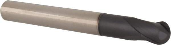 Accupro - 1/2" Diam, 1/2" LOC, 2 Flute Solid Carbide Ball End Mill - TiAlN Finish, Single End, 4-1/4" OAL, 1/2" Shank Diam, Spiral Flute - Apex Tool & Supply