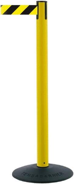 Tensator - 38" High, 2-1/2" Pole Diam, Barricade Tape Dispenser - 14" Base Diam, Round Stainless Steel Base, Black Polymer Post, 7-1/2' x 1-7/8" Tape, Single Line Tape, For Outdoor Use - Apex Tool & Supply