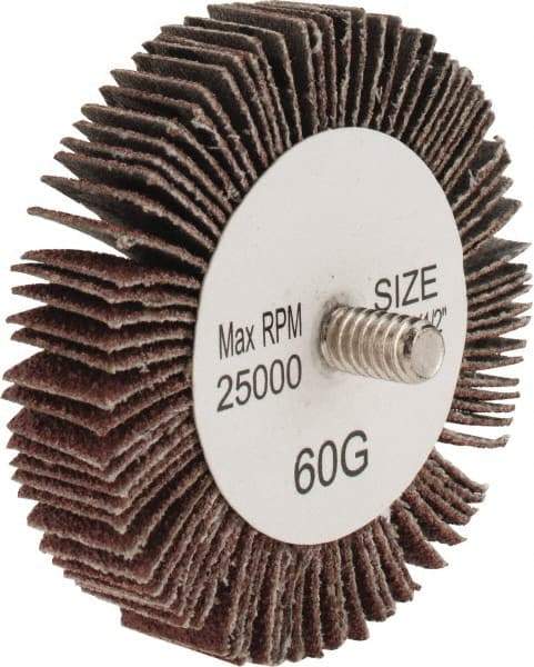 Tru-Maxx - 2-1/2" Diam x 1/2" Face Width, Medium Aluminum Oxide Coated Mounted Flap Wheel - 1/4-20 Threaded Mount, 60 Grit, 25,000 Max RPM - Apex Tool & Supply