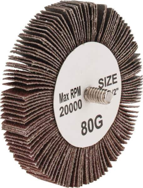 Tru-Maxx - 3" Diam x 1/2" Face Width, Medium Aluminum Oxide Coated Mounted Flap Wheel - 1/4-20 Threaded Mount, 80 Grit, 20,000 Max RPM - Apex Tool & Supply