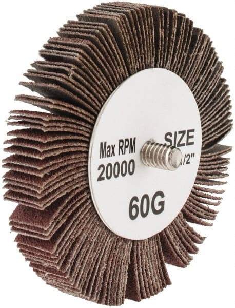 Tru-Maxx - 3" Diam x 1/2" Face Width, Medium Aluminum Oxide Coated Mounted Flap Wheel - 1/4-20 Threaded Mount, 60 Grit, 20,000 Max RPM - Apex Tool & Supply