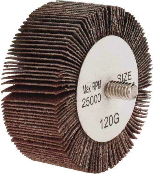 Tru-Maxx - 2-1/2" Diam x 1" Face Width, Fine Aluminum Oxide Coated Mounted Flap Wheel - 1/4-20 Threaded Mount, 120 Grit, 25,000 Max RPM - Apex Tool & Supply