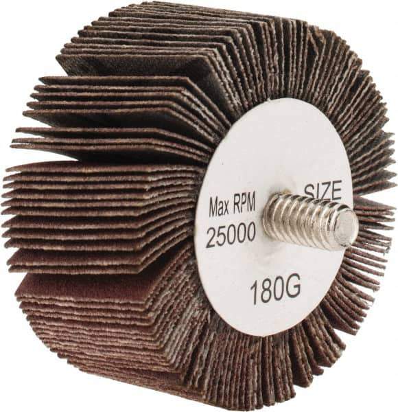 Tru-Maxx - 2" Diam x 1" Face Width, Very Fine Aluminum Oxide Coated Mounted Flap Wheel - 1/4-20 Threaded Mount, 180 Grit, 25,000 Max RPM - Apex Tool & Supply