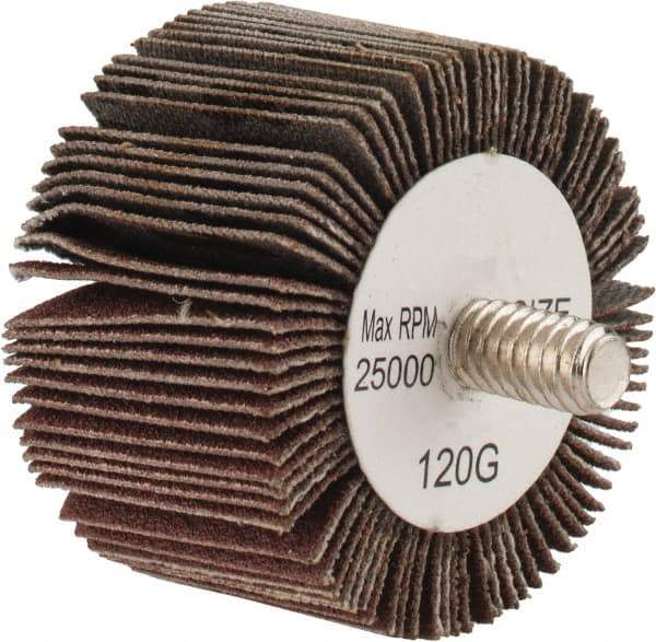 Tru-Maxx - 1-5/8" Diam x 1" Face Width, Fine Aluminum Oxide Coated Mounted Flap Wheel - 1/4-20 Threaded Mount, 120 Grit, 25,000 Max RPM - Apex Tool & Supply