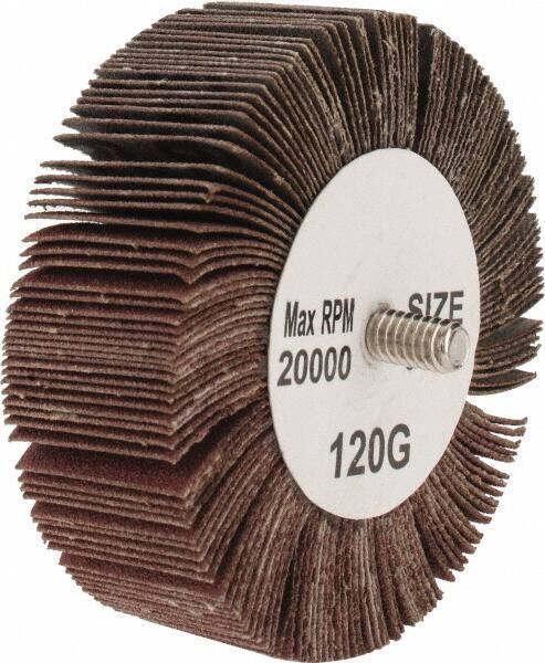 Tru-Maxx - 3" Diam x 1" Face Width, Fine Aluminum Oxide Coated Mounted Flap Wheel - 1/4-20 Threaded Mount, 120 Grit, 20,000 Max RPM - Apex Tool & Supply