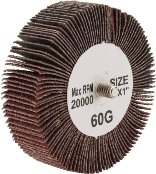 Tru-Maxx - 3" Diam x 1" Face Width, Medium Aluminum Oxide Coated Mounted Flap Wheel - 1/4-20 Threaded Mount, 60 Grit, 20,000 Max RPM - Apex Tool & Supply