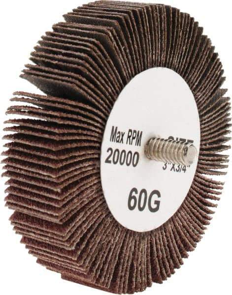 Tru-Maxx - 3" Diam x 3/4" Face Width, Medium Aluminum Oxide Coated Mounted Flap Wheel - 1/4-20 Threaded Mount, 60 Grit, 20,000 Max RPM - Apex Tool & Supply