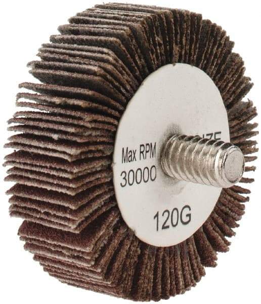 Tru-Maxx - 1-1/2" Diam x 1/2" Face Width, Fine Aluminum Oxide Coated Mounted Flap Wheel - 1/4-20 Threaded Mount, 120 Grit, 30,000 Max RPM - Apex Tool & Supply