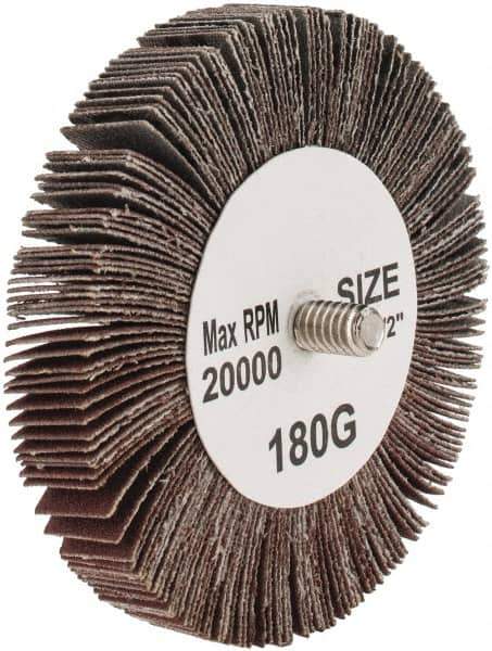 Tru-Maxx - 3" Diam x 1/2" Face Width, Very Fine Aluminum Oxide Coated Mounted Flap Wheel - 1/4-20 Threaded Mount, 180 Grit, 20,000 Max RPM - Apex Tool & Supply