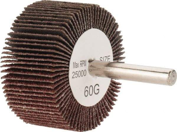 Tru-Maxx - 2" Diam x 1" Face Width, Medium Aluminum Oxide Coated Mounted Flap Wheel - 1/4" Shank Mount, 60 Grit, 25,000 Max RPM - Apex Tool & Supply