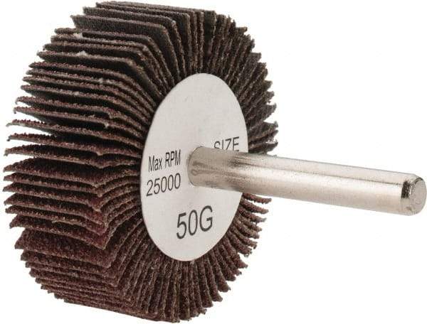 Tru-Maxx - 2" Diam x 3/4" Face Width, Coarse Aluminum Oxide Coated Mounted Flap Wheel - 1/4" Shank Mount, 50 Grit, 25,000 Max RPM - Apex Tool & Supply