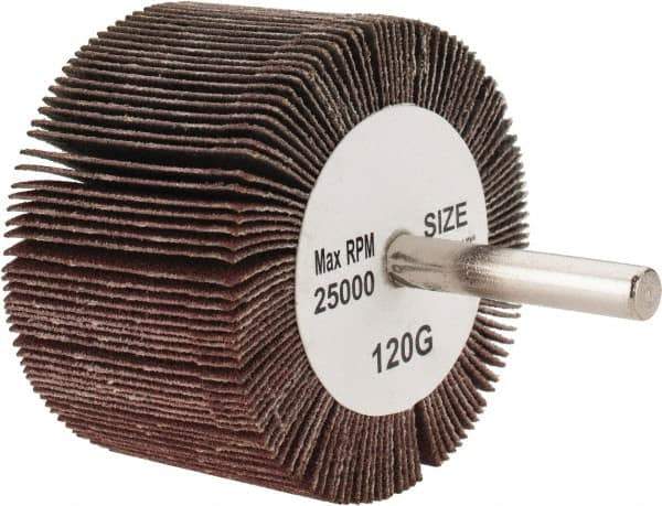Tru-Maxx - 2-1/2" Diam x 1-1/2" Face Width, Fine Aluminum Oxide Coated Mounted Flap Wheel - 1/4" Shank Mount, 120 Grit, 25,000 Max RPM - Apex Tool & Supply