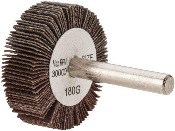 Tru-Maxx - 1-1/2" Diam x 1/2" Face Width, Very Fine Aluminum Oxide Coated Mounted Flap Wheel - 1/4" Shank Mount, 180 Grit, 30,000 Max RPM - Apex Tool & Supply