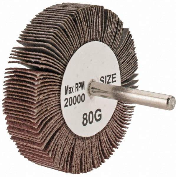 Tru-Maxx - 3" Diam x 3/4" Face Width, Medium Aluminum Oxide Coated Mounted Flap Wheel - 1/4" Shank Mount, 80 Grit, 20,000 Max RPM - Apex Tool & Supply