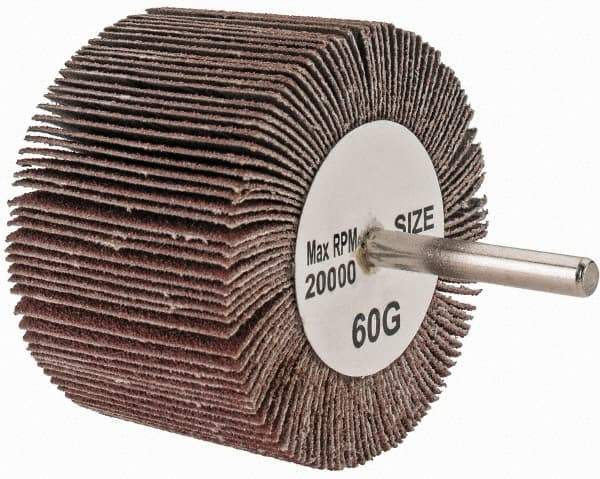 Tru-Maxx - 3" Diam x 2" Face Width, Medium Aluminum Oxide Coated Mounted Flap Wheel - 1/4" Shank Mount, 60 Grit, 20,000 Max RPM - Apex Tool & Supply